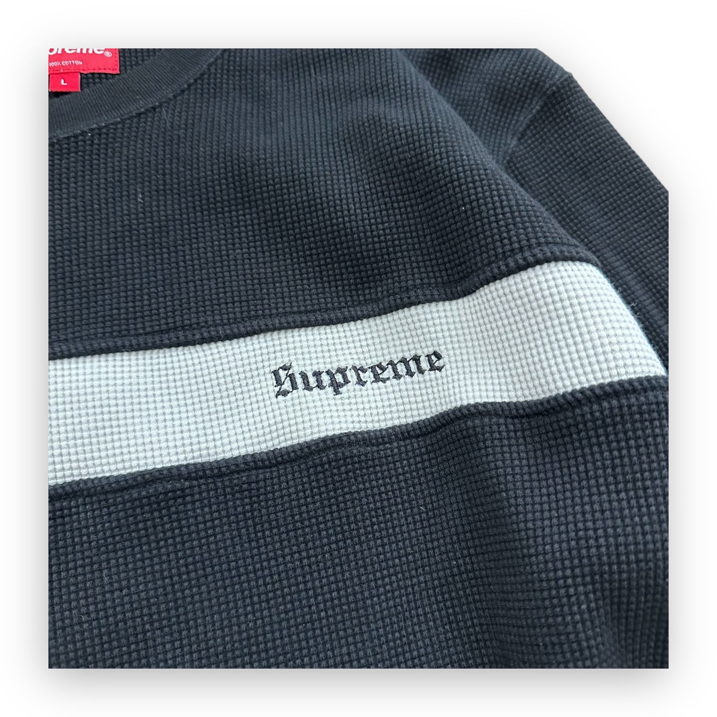 Sweatshirt Crewneck Supreme Panel Stripe Waffle Thermal Black SS20 (L)