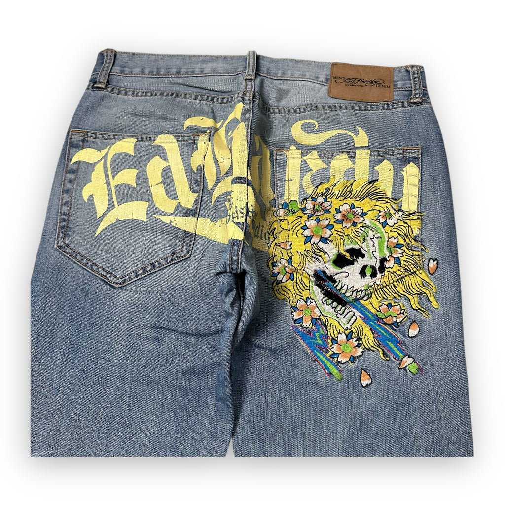 Jeans Ed Hardy Skull Yellow Embroidery