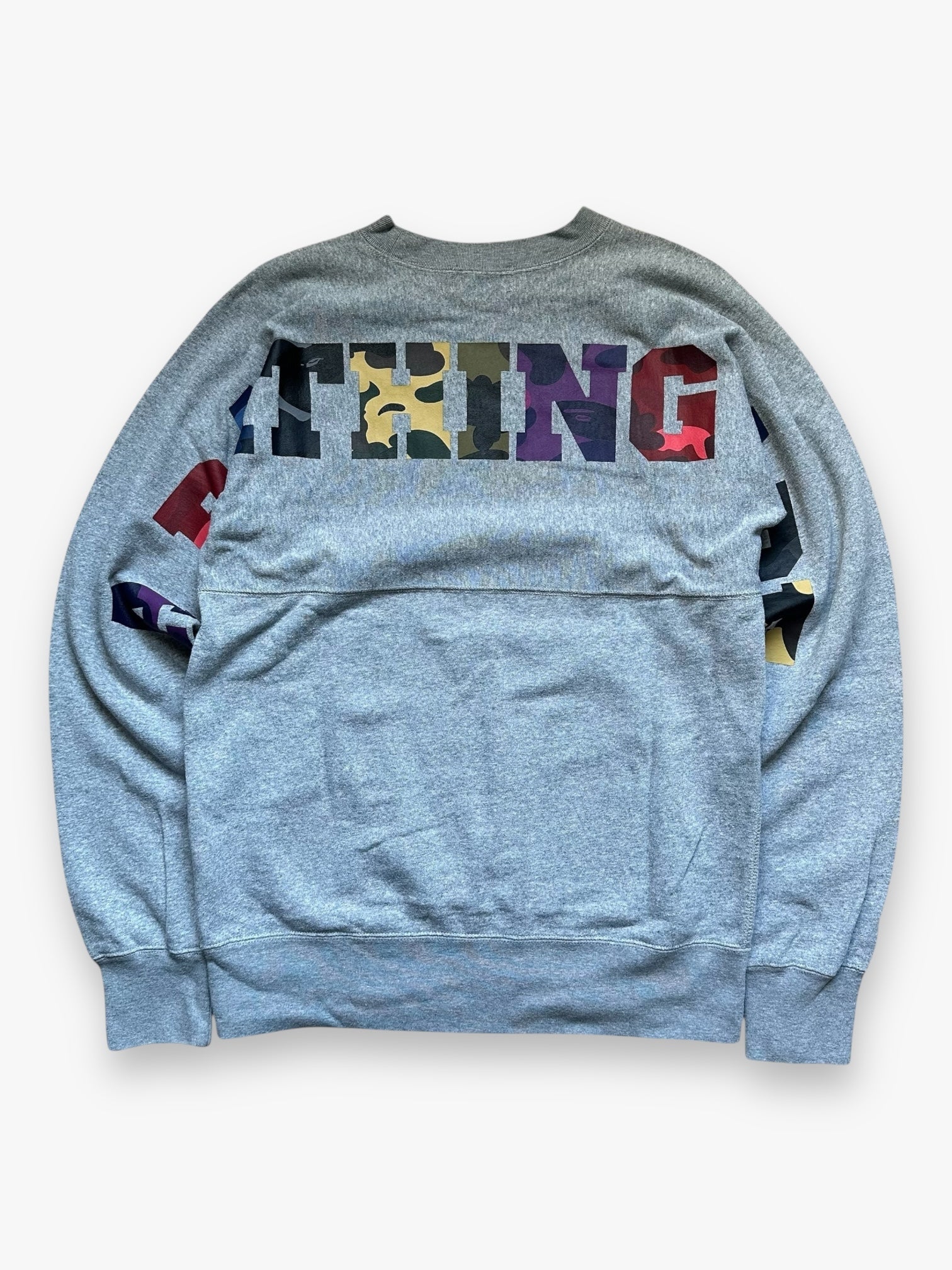 BAPE Gray Multicolor Text Camo Crewneck Sweatshirt