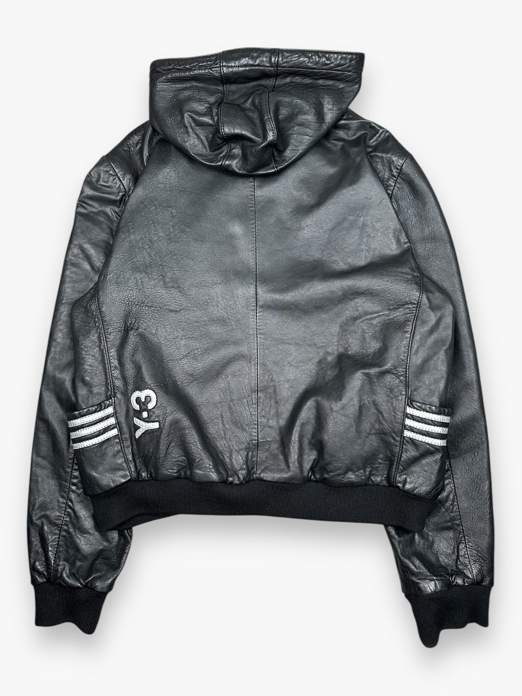 Y-3 Hooded Zip Up Leather Jacket Black Silver vintage