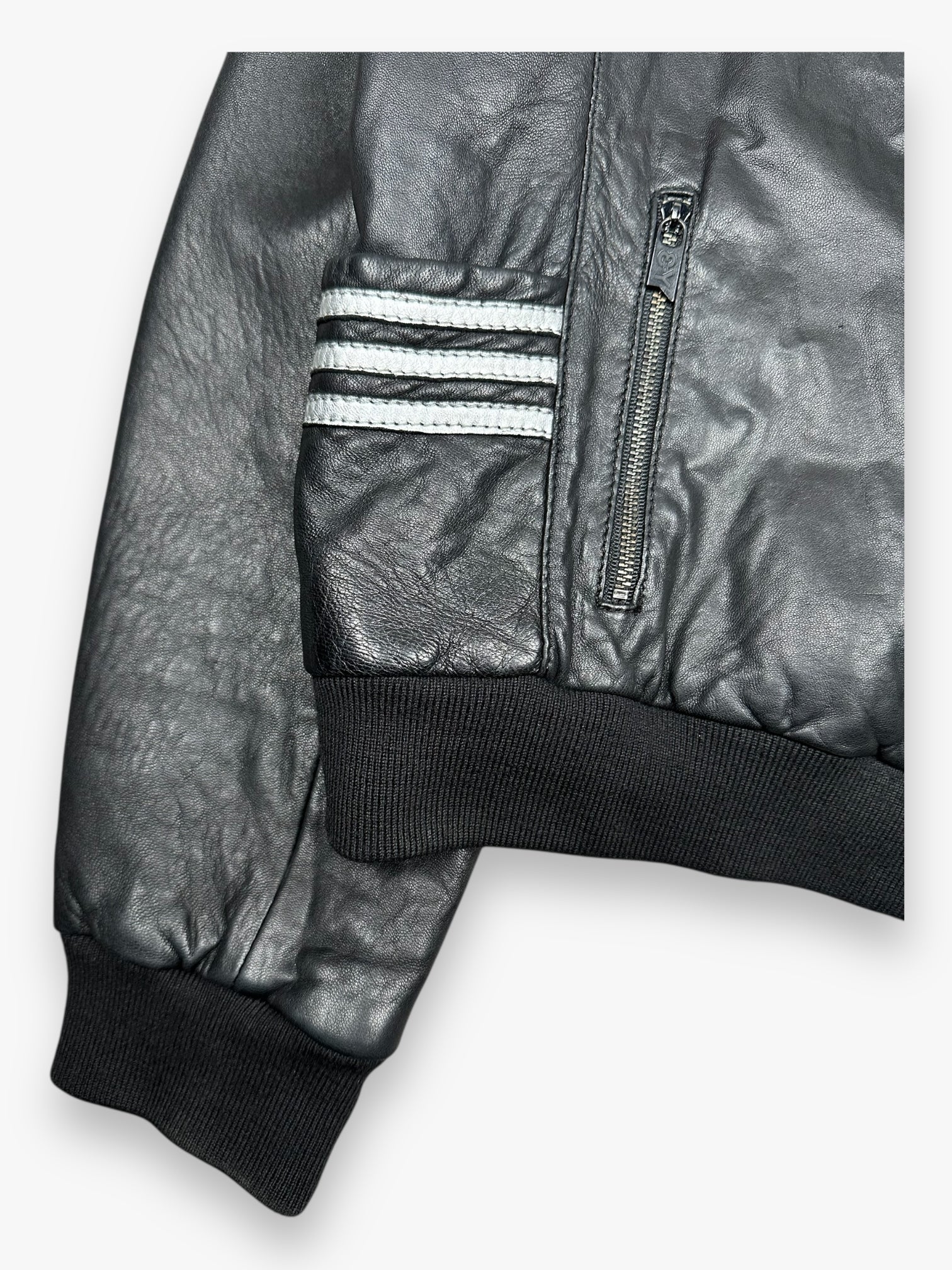 Y-3 Hooded Zip Up Leather Jacket Black Silver vintage