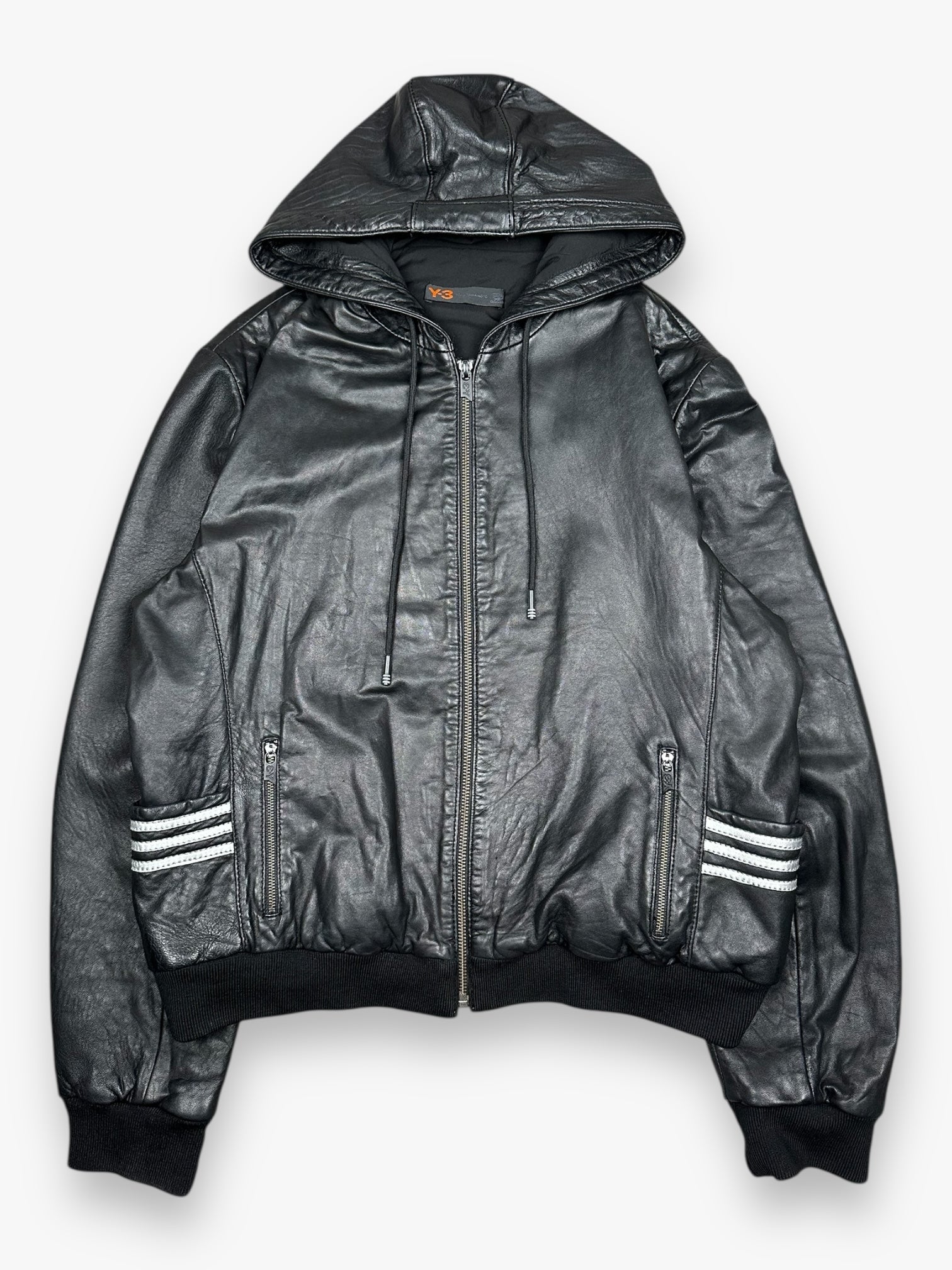 Y-3 Hooded Zip Up Leather Jacket Black Silver vintage