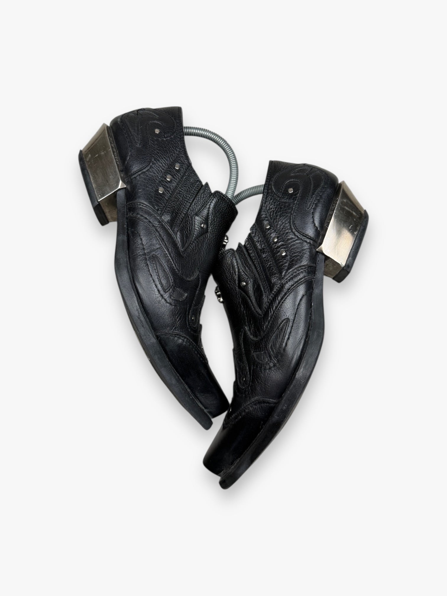 New Rock Black Metallic Leather Boots