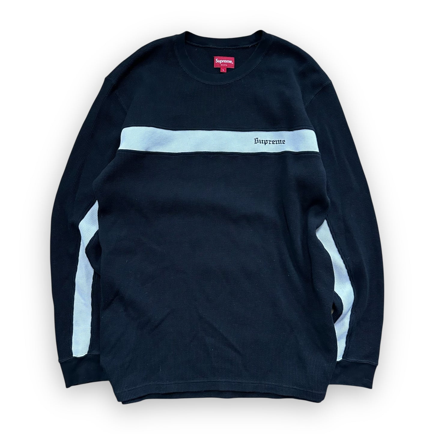 Sweatshirt Crewneck Supreme Panel Stripe Waffle Thermal Black SS20 (L)