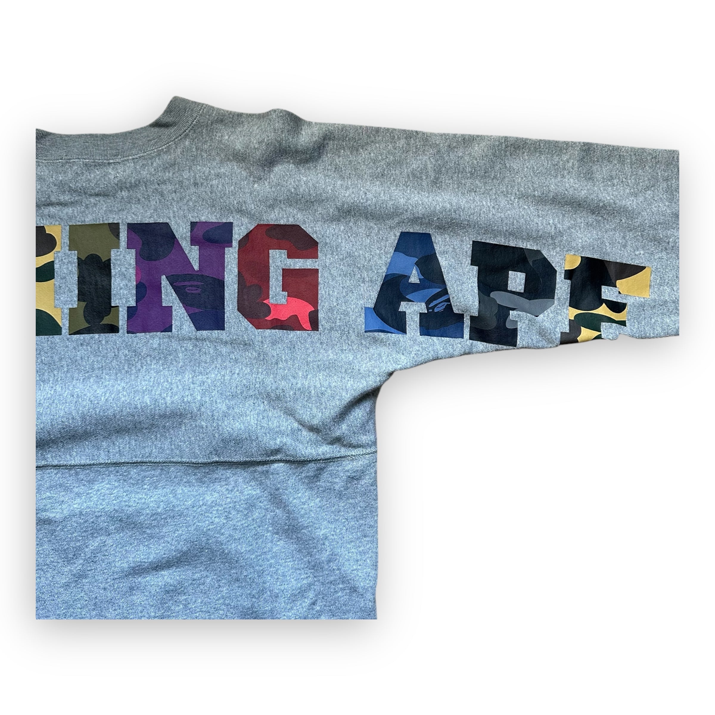 BAPE Gray Multicolor Text Camo Crewneck Sweatshirt