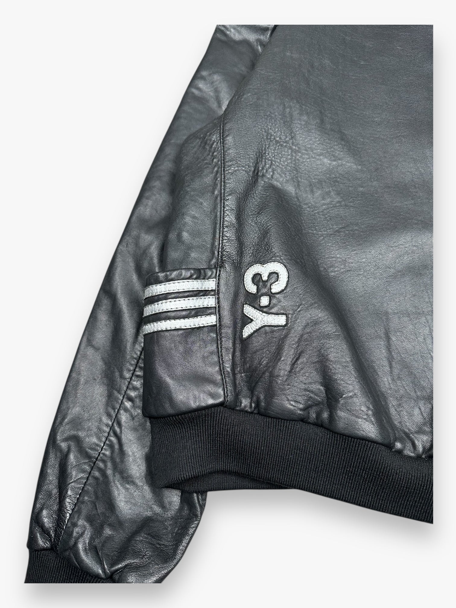 Y-3 Hooded Zip Up Leather Jacket Black Silver vintage