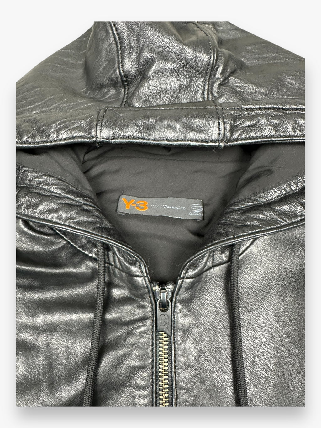 Y-3 Hooded Zip Up Leather Jacket Black Silver vintage