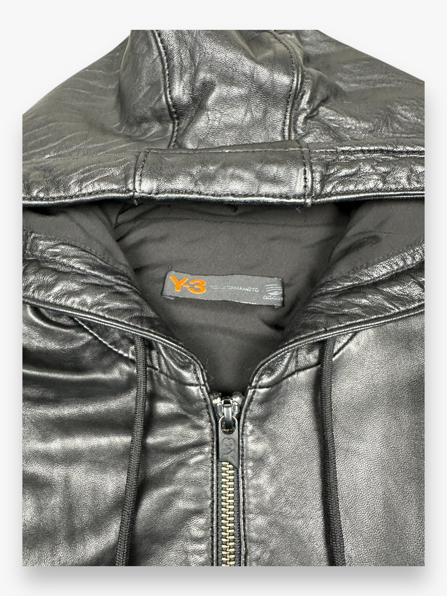 Y-3 Hooded Zip Up Leather Jacket Black Silver vintage