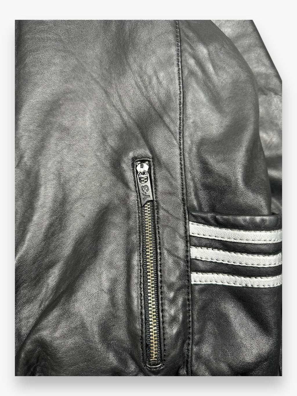 Y-3 Hooded Zip Up Leather Jacket Black Silver vintage