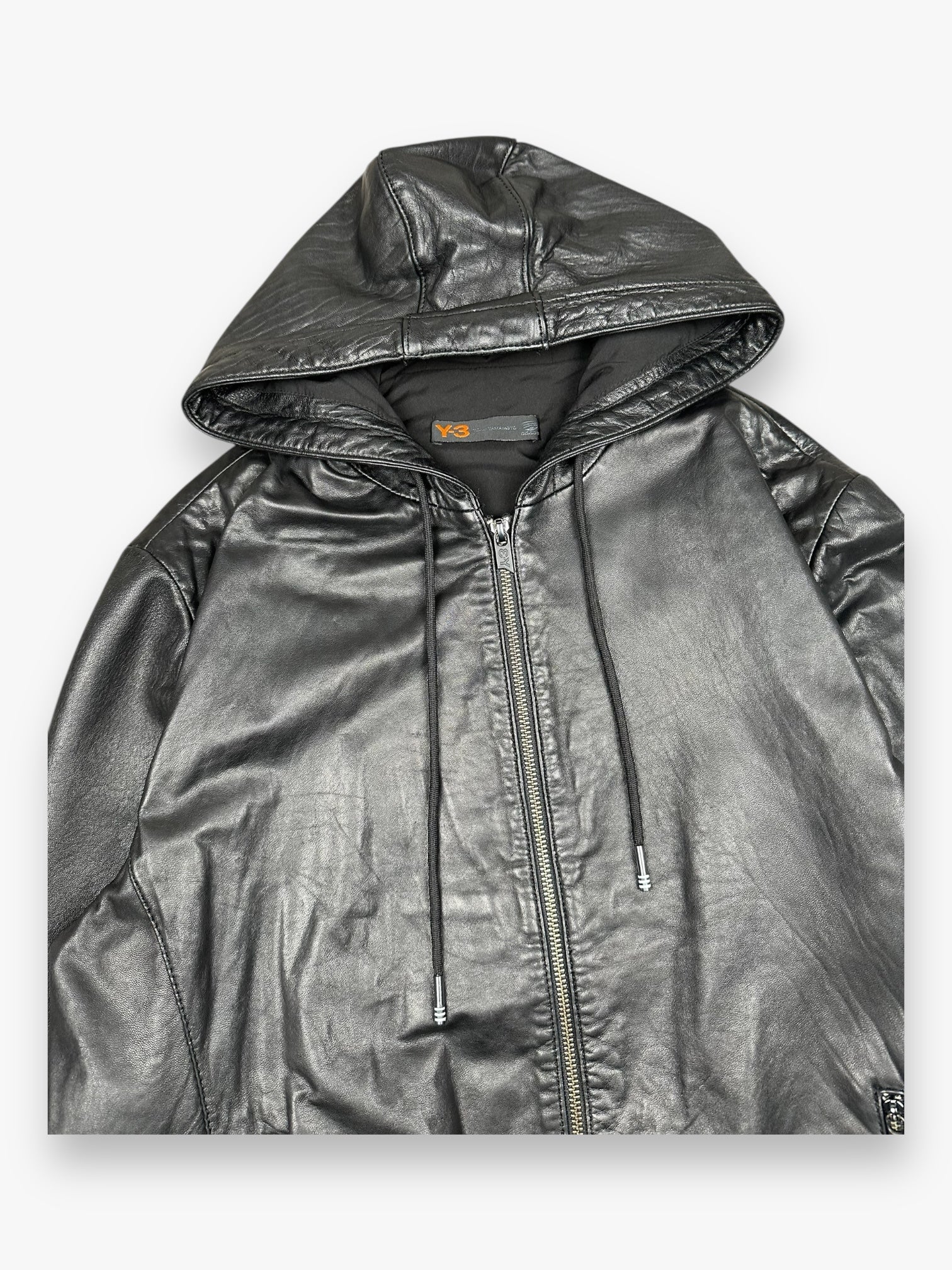 Y-3 Hooded Zip Up Leather Jacket Black Silver vintage