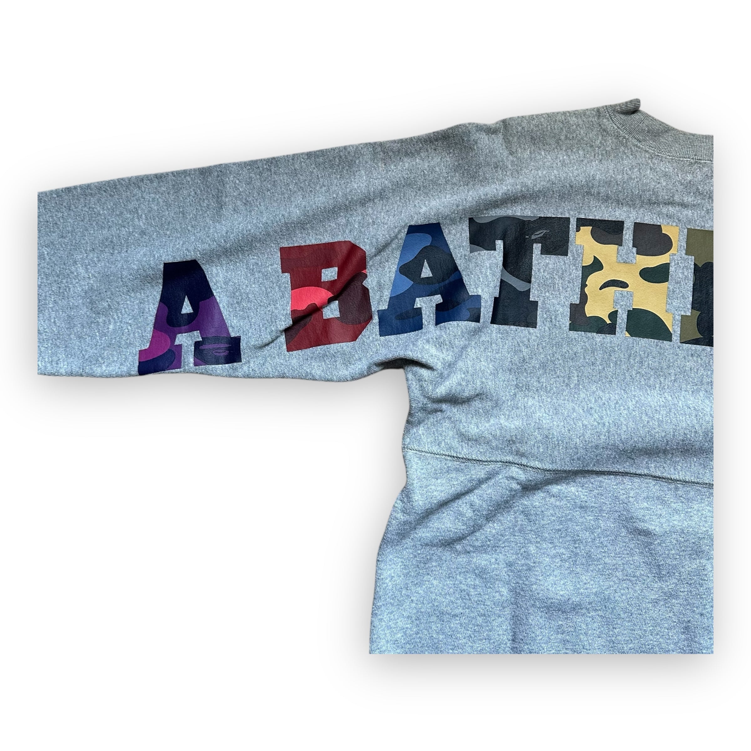 BAPE Gray Multicolor Text Camo Crewneck Sweatshirt