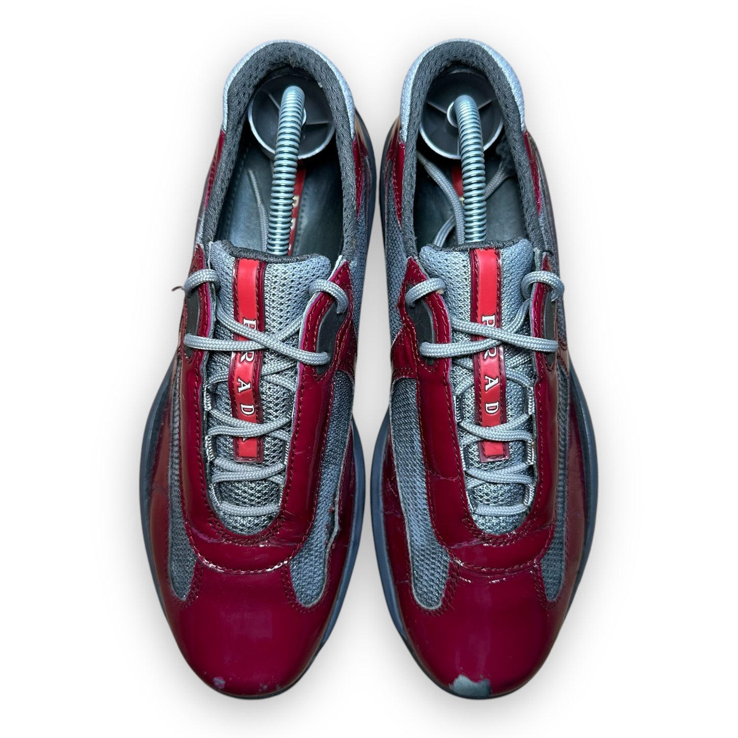 EU38.5 - US6 - UK5.5 • vintage Prada America’s Cup Red Patent Grey